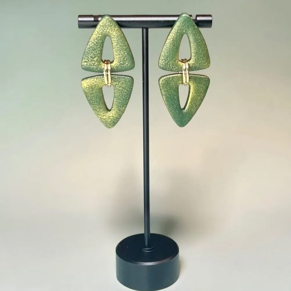 Polymer Clay Dangle Earrings Dark  Green & Gold Handmade Stainless Steel Posts